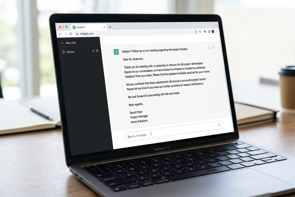 ChatGPT interface on a laptop screen with a business email draft visible. 800x500px.