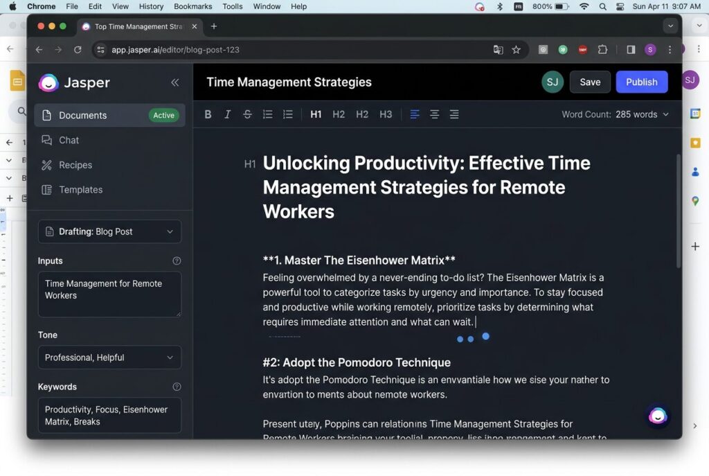 Jasper AI dashboard showing AI-generated business content