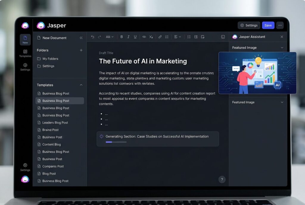 Jasper AI's clean editor interface with a business blog post being generated from a 18182
