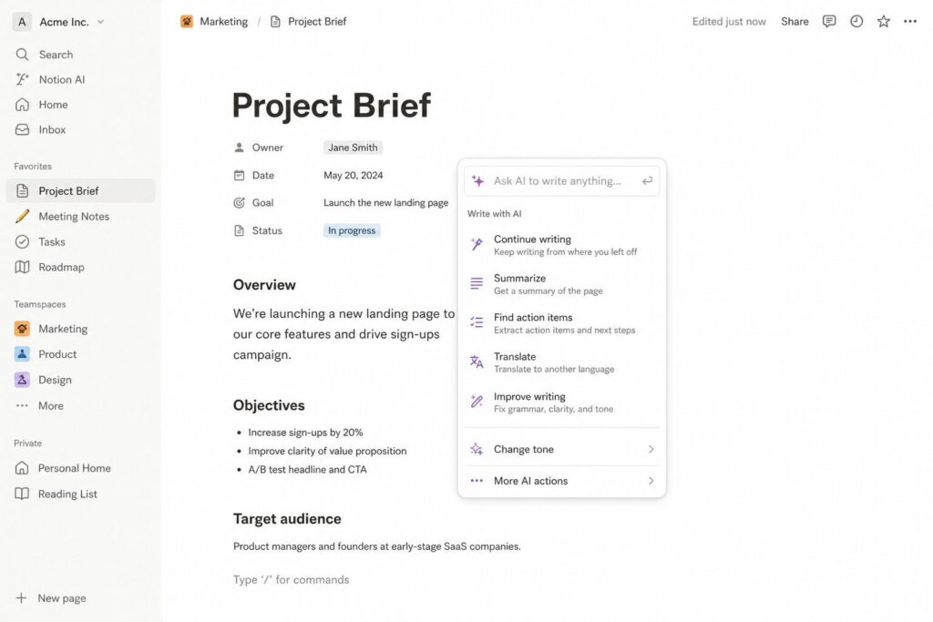 Notion AI command menu appearing inside a Notion page showing AI writing options 644243