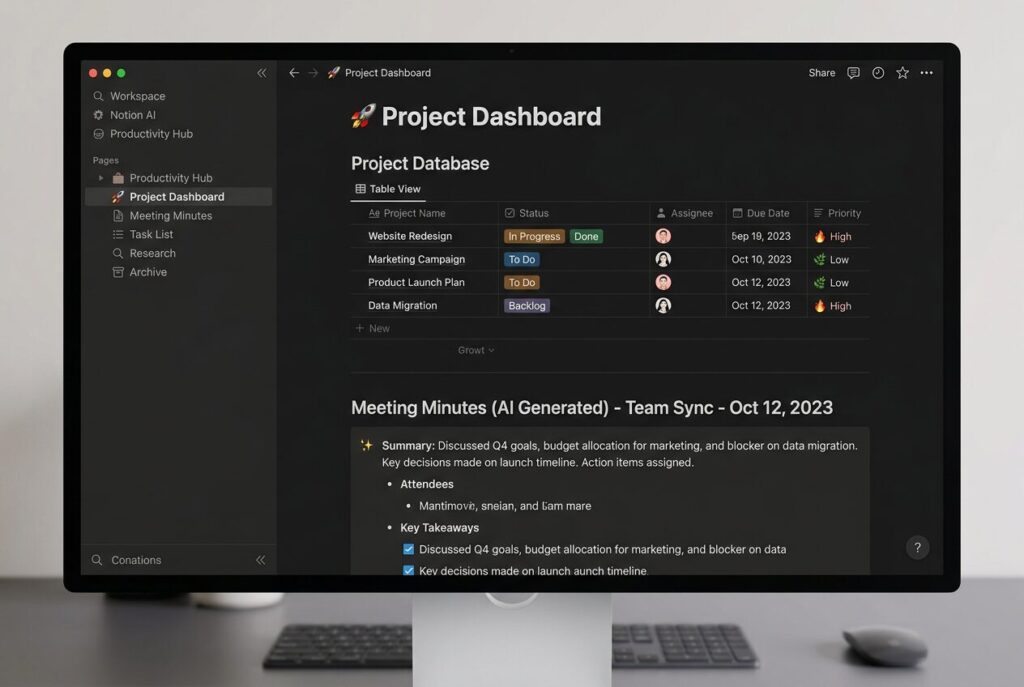 Notion AI workspace organising small business projects and tasks