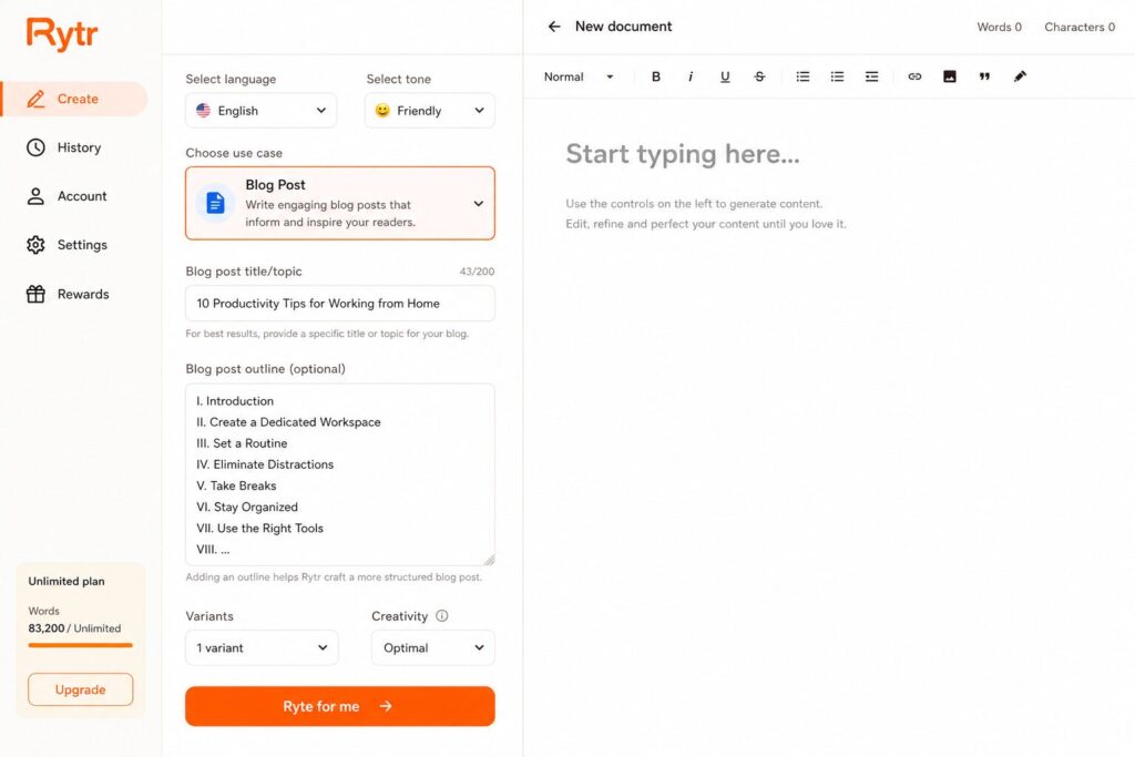Rytr AI writing interface showing use case selector and tone options for a blog post 644243