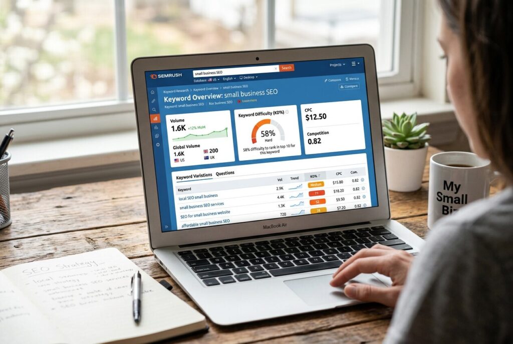 SEMrush keyword research dashboard showing search volume and keyword difficulty for s 22214