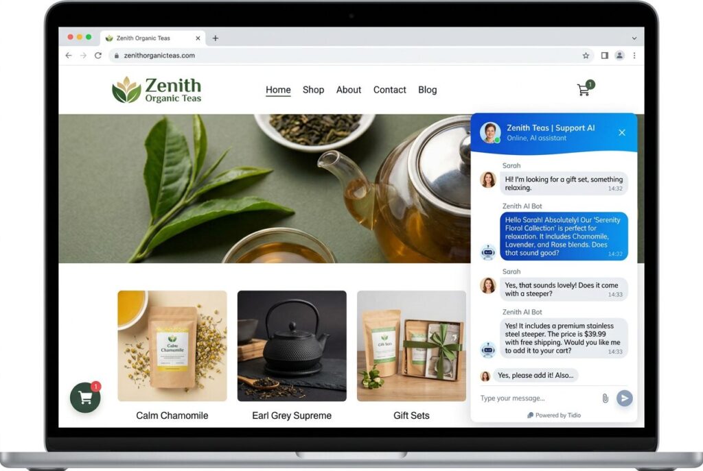 Tidio AI chatbot providing 24/7 customer service for small business website