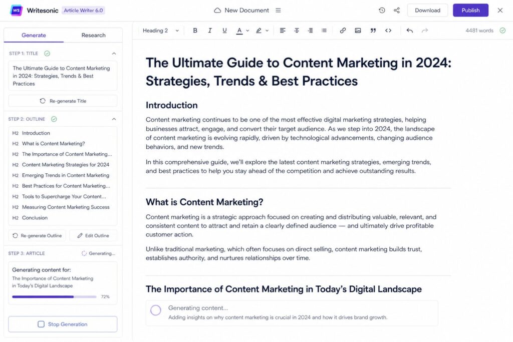 Writesonic Article Writer 6.0 is generating a long-form blog post 644243